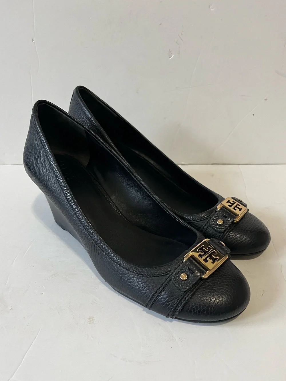 Tory Burch Black Leather Wedge Pumps with Gold Accent size 9M